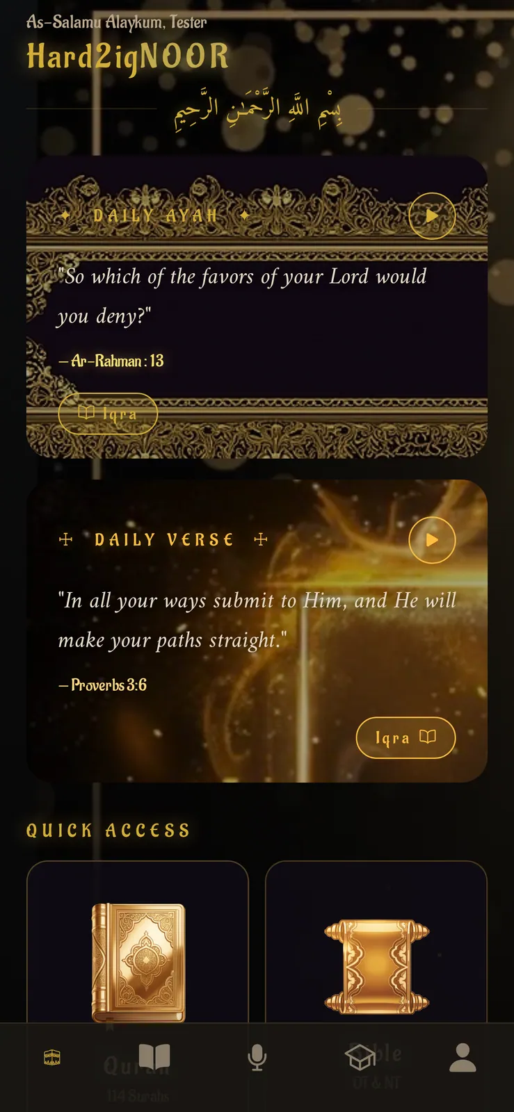 Hard2Ignoor home screen — Daily Ayah, Daily Verse, Quick Access to Qur'an and Bible
