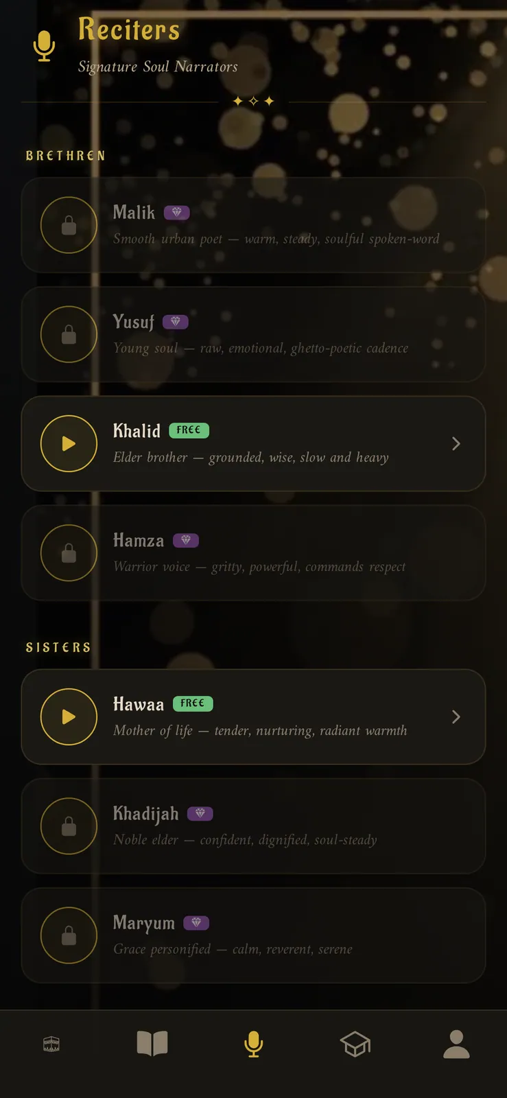 Hard2Ignoor reciters — 7 AI voice personas: Malik, Yusuf, Khalid, Hamza, Hawaa, Khadijah, Maryum