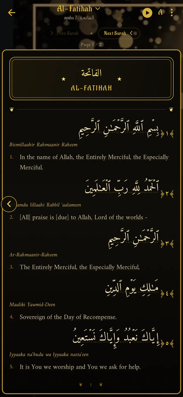 Hard2Ignoor surah reader — Al-Fatihah with Arabic, transliteration and English translation