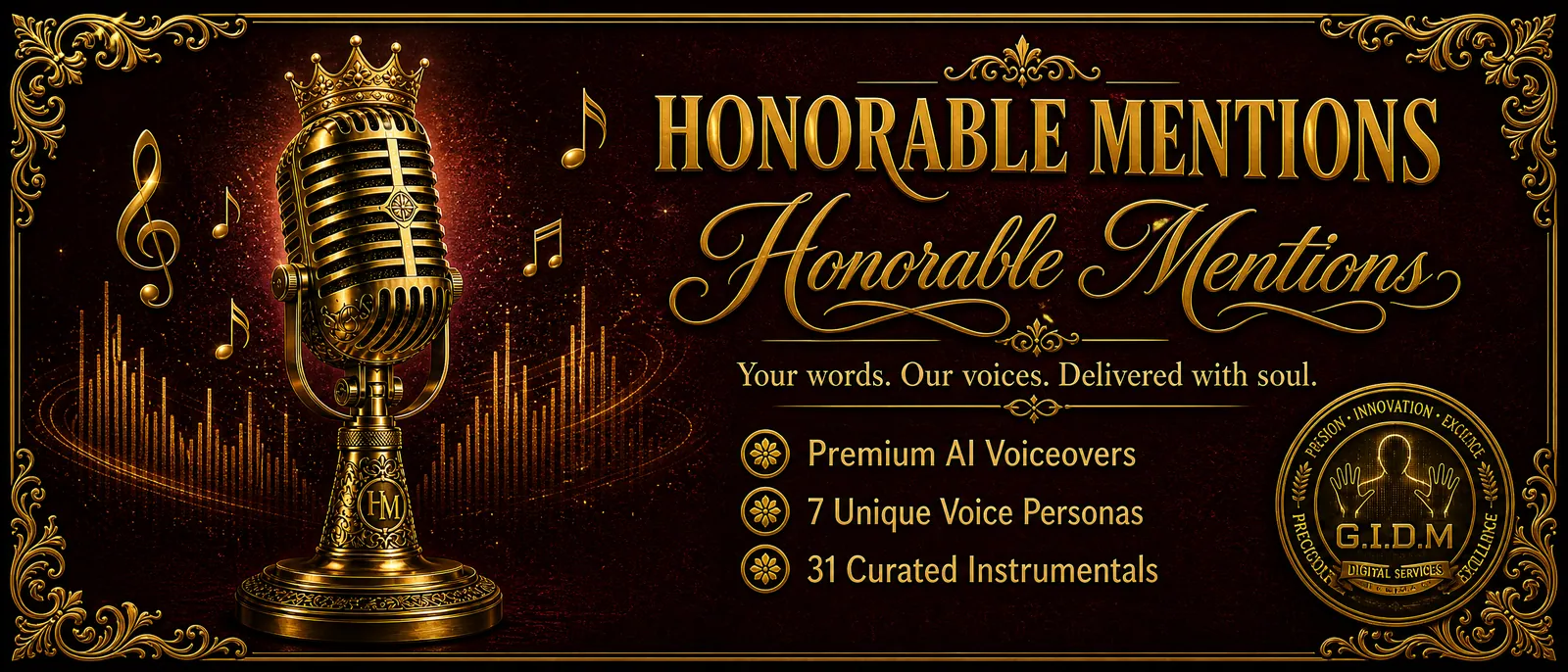Honorable Mentions — Premium AI Voiceovers, 7 Unique Voice Personas, 31 Curated Instrumentals