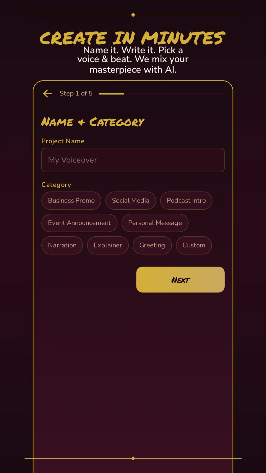 Honorable Mentions create flow — name your project, pick a category, build in minutes