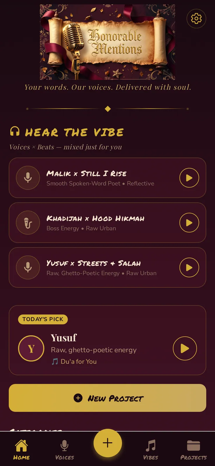 Honorable Mentions home screen — Hear the Vibe, featured voices and beats