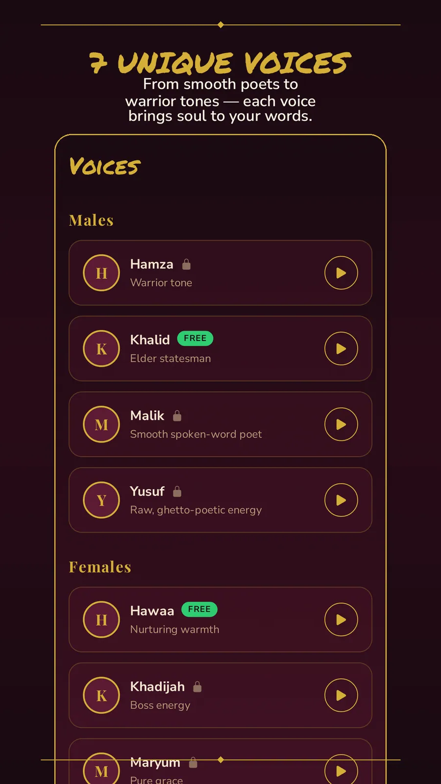 Honorable Mentions voices — 7 unique AI voice personas, male and female